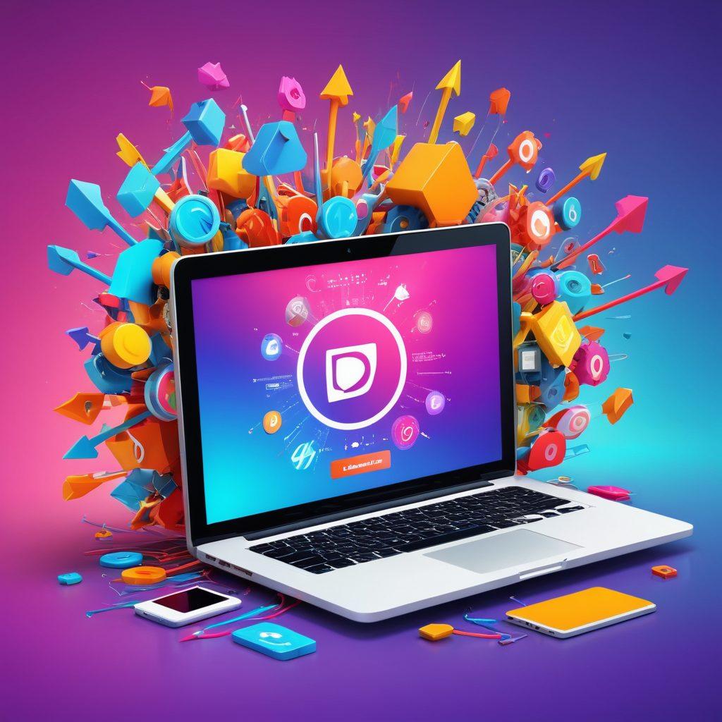 An eye-catching digital scene showcasing vibrant blog thumbnails and dynamic hyperlinks interconnecting with each other, illustrated by arrows. Include a laptop displaying a colorful blog interface, surrounded by floating gear icons symbolizing marketing strategies, with a bright, engaging background. super-realistic. vibrant colors. 3D.