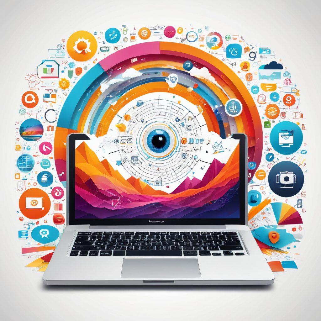 A vibrant and dynamic collage showcasing various interactive media elements like engaging infographics, eye-catching videos, and social media icons, intertwined with SEO keywords and blogging elements such as a laptop, a notepad, and a magnifying glass. The background features a digital landscape symbolizing online presence and connectivity. Bright colors and an energetic layout evoke creativity and innovation. super-realistic. vibrant colors. white background.